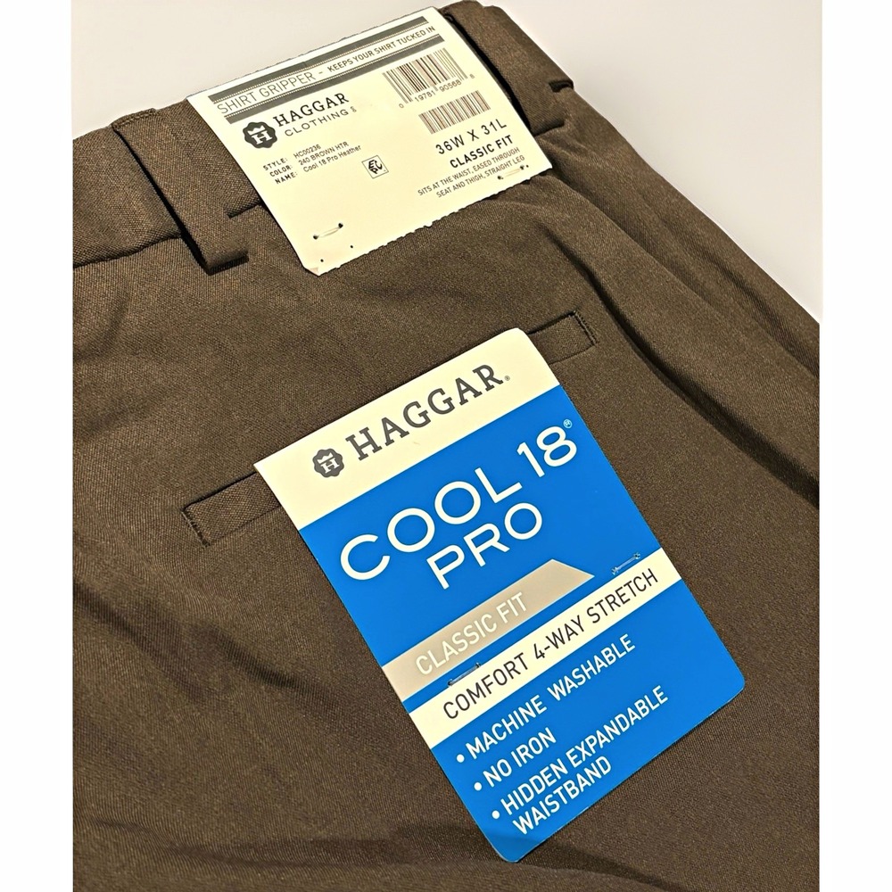 Haggar Mens Cool 18 Pro Brown Classic Fit Dress Pants Flat Front 36x31 HC00236